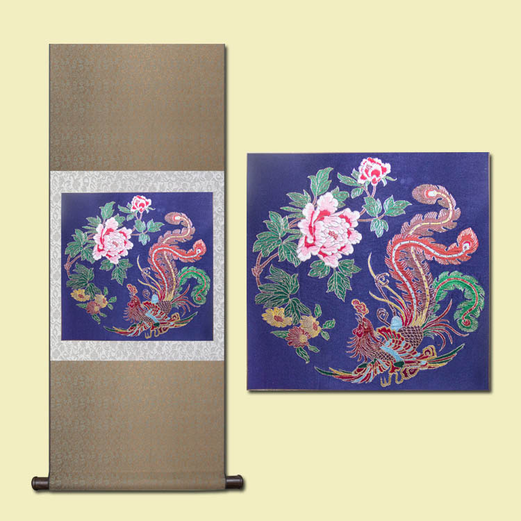 鳳戲牡丹云錦辦公家居裝飾掛軸