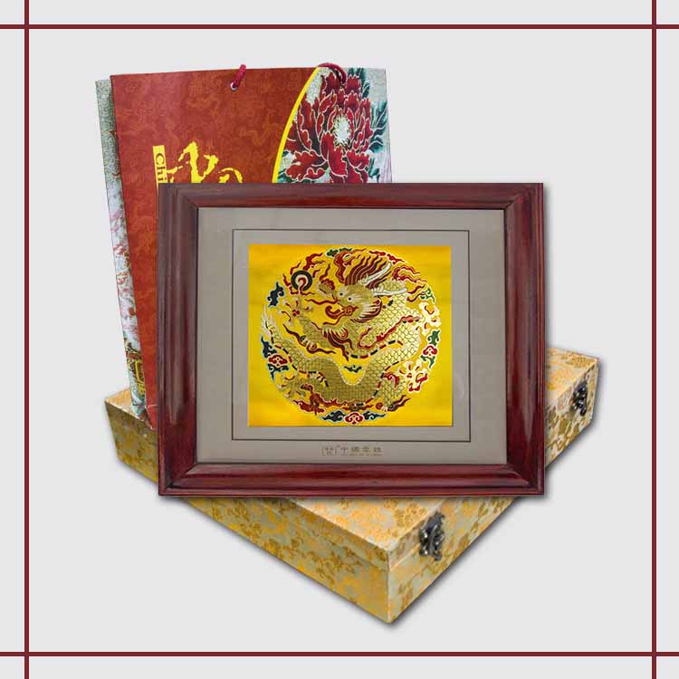 團龍（紅木框）云錦框畫